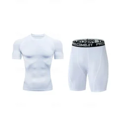 Outlet OUKU Men's Compression Tops Shorts and T Shirt Set Sports T-Shirt Crew Neck Short Sleeve Outdoor Daily Running Gym Fast Dry Breathable 2 Piece Plain Black White Activewear Sport Casual