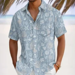 Clearance OUKU Men's Conch Sea Creatures Coral Summer Hawaiian Shirt Button Up Shirt Aloha Shirt Short Sleeve Shirt Turndown Hawaiian Vacation Holiday Beach Wear Blue 1# Blue S M L