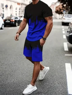 Clearance OUKU Men's Contrast Color 2pcs Tees sets Summer Tops Short Sleeve Short Pants Crew Neck Athleisure Vacation Sports & Outdoor Casual Daily Crewneck Summer Robin's Egg Blue Grey Yellow