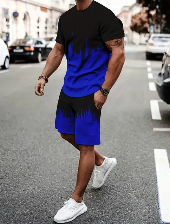 Clearance OUKU Men's Contrast Color 2pcs Tees sets Summer Tops Short Sleeve Short Pants Crew Neck Athleisure Vacation Sports & Outdoor Casual Daily Crewneck Summer Robin's Egg Blue Grey Yellow