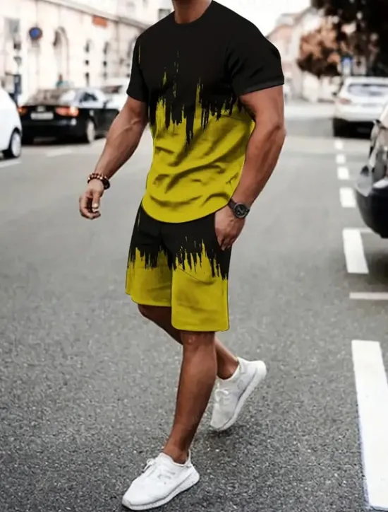 Clearance OUKU Men's Contrast Color 2pcs Tees sets Summer Tops Short Sleeve Short Pants Crew Neck Athleisure Vacation Sports & Outdoor Casual Daily Crewneck Summer Robin's Egg Blue Grey Yellow