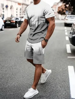 Clearance OUKU Men's Contrast Color 2pcs Tees sets Summer Tops Short Sleeve Short Pants Crew Neck Athleisure Vacation Sports & Outdoor Casual Daily Crewneck Summer Robin's Egg Blue Grey Yellow