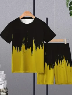 Clearance OUKU Men's Contrast Color 2pcs Tees sets Summer Tops Short Sleeve Short Pants Crew Neck Athleisure Vacation Sports & Outdoor Casual Daily Crewneck Summer Robin's Egg Blue Grey Yellow