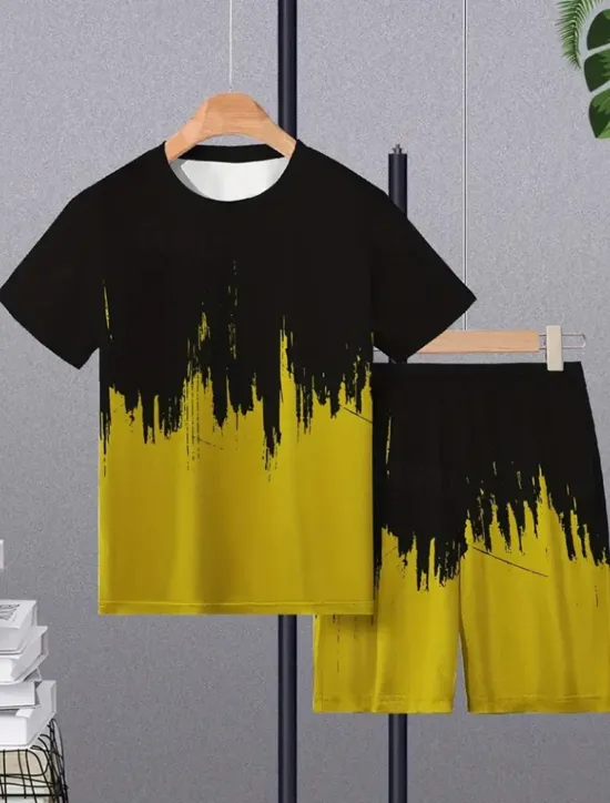 Clearance OUKU Men's Contrast Color 2pcs Tees sets Summer Tops Short Sleeve Short Pants Crew Neck Athleisure Vacation Sports & Outdoor Casual Daily Crewneck Summer Robin's Egg Blue Grey Yellow