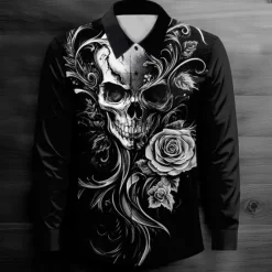 Clearance OUKU Men's Cool Skulls Casual Shirt Button Up Shirt Long Sleeve Dark Spring Fall Turndown Button Up Red Blue Purple Green Black-white