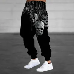 Outlet OUKU Men's Cool Skulls Chains Print Halloween Costumes Sweatpants Joggers Trousers Mid Waist Drawstring Elastic Waist Dark Gothic Style Jogging Streetwear Workout Athletic Sweatpants with Pockets Spring Black