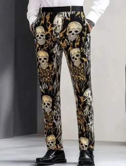 Clearance OUKU Men's Cool Skulls Dress Pants Trousers Mid Waist Casual Vintage Retro Outdoor Vacation Streetwear with Pockets Slim Fit Flat-Front Summer Spring Fall 3D Print Black