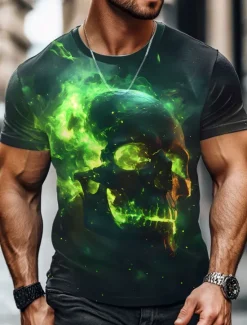 Hot OUKU Men's Cool Skulls Flame T Shirt Short Sleeve T shirt 3D Print Crew Neck Shirt Exaggerated Designer Party Holiday Summer Spring Clothing Apparel S M L XL XXL XXXL Green