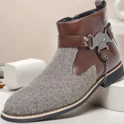 Online OUKU Men's Corduroy and Faux Leather Ankle Boots – Stylish Brown and Blue Design with Metal Eagle Detail, Western Cowboy-Inspired Fashion for Casual and Formal Occasions