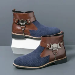 Online OUKU Men's Corduroy and Faux Leather Ankle Boots – Stylish Brown and Blue Design with Metal Eagle Detail, Western Cowboy-Inspired Fashion for Casual and Formal Occasions