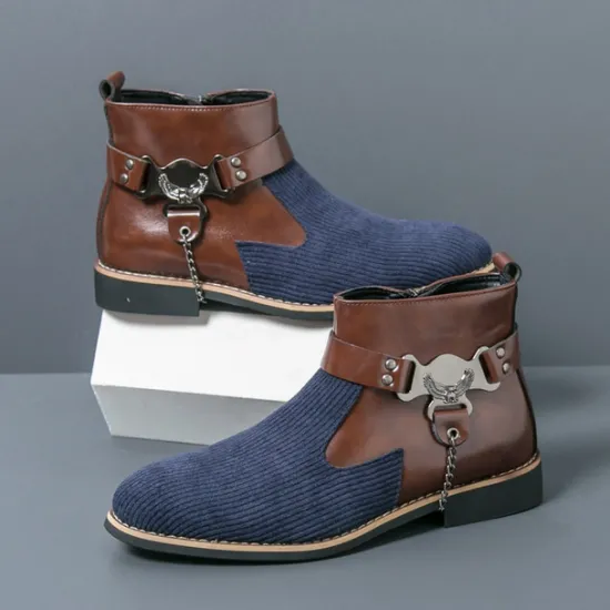 Online OUKU Men's Corduroy and Faux Leather Ankle Boots – Stylish Brown and Blue Design with Metal Eagle Detail, Western Cowboy-Inspired Fashion for Casual and Formal Occasions