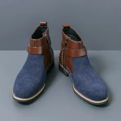 Online OUKU Men's Corduroy and Faux Leather Ankle Boots – Stylish Brown and Blue Design with Metal Eagle Detail, Western Cowboy-Inspired Fashion for Casual and Formal Occasions