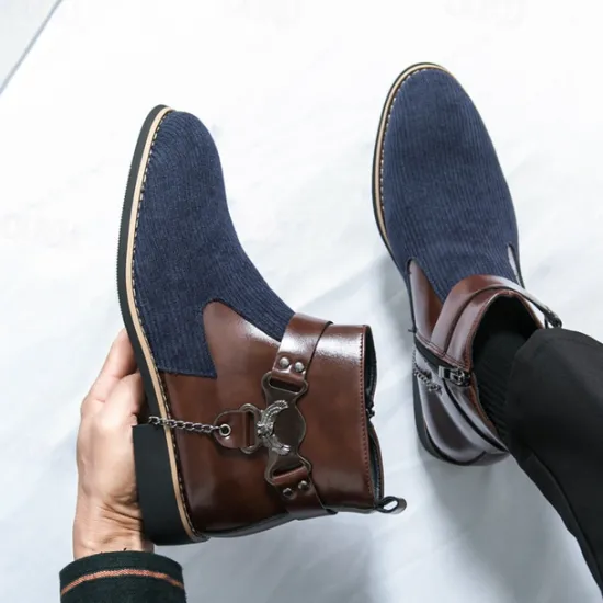 Online OUKU Men's Corduroy and Faux Leather Ankle Boots – Stylish Brown and Blue Design with Metal Eagle Detail, Western Cowboy-Inspired Fashion for Casual and Formal Occasions
