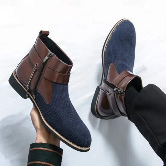 Online OUKU Men's Corduroy and Faux Leather Ankle Boots – Stylish Brown and Blue Design with Metal Eagle Detail, Western Cowboy-Inspired Fashion for Casual and Formal Occasions