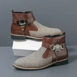 Online OUKU Men's Corduroy and Faux Leather Ankle Boots – Stylish Brown and Blue Design with Metal Eagle Detail, Western Cowboy-Inspired Fashion for Casual and Formal Occasions