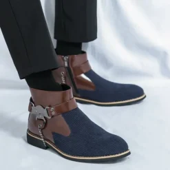 Online OUKU Men's Corduroy and Faux Leather Ankle Boots – Stylish Brown and Blue Design with Metal Eagle Detail, Western Cowboy-Inspired Fashion for Casual and Formal Occasions