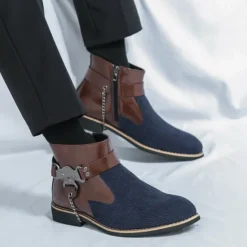 Online OUKU Men's Corduroy and Faux Leather Ankle Boots – Stylish Brown and Blue Design with Metal Eagle Detail, Western Cowboy-Inspired Fashion for Casual and Formal Occasions