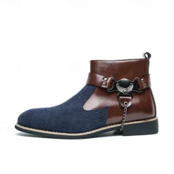 Online OUKU Men's Corduroy and Faux Leather Ankle Boots – Stylish Brown and Blue Design with Metal Eagle Detail, Western Cowboy-Inspired Fashion for Casual and Formal Occasions