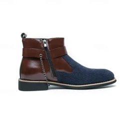 Online OUKU Men's Corduroy and Faux Leather Ankle Boots – Stylish Brown and Blue Design with Metal Eagle Detail, Western Cowboy-Inspired Fashion for Casual and Formal Occasions