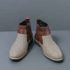 Online OUKU Men's Corduroy and Faux Leather Ankle Boots – Stylish Brown and Blue Design with Metal Eagle Detail, Western Cowboy-Inspired Fashion for Casual and Formal Occasions