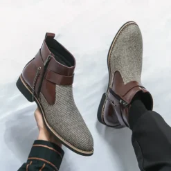 Online OUKU Men's Corduroy and Faux Leather Ankle Boots – Stylish Brown and Blue Design with Metal Eagle Detail, Western Cowboy-Inspired Fashion for Casual and Formal Occasions