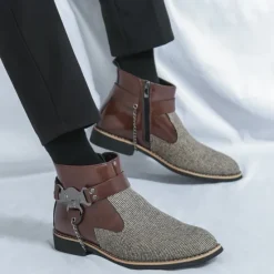 Online OUKU Men's Corduroy and Faux Leather Ankle Boots – Stylish Brown and Blue Design with Metal Eagle Detail, Western Cowboy-Inspired Fashion for Casual and Formal Occasions