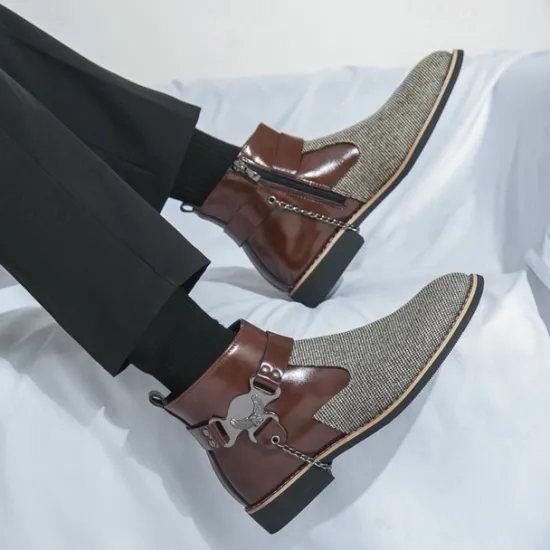 Online OUKU Men's Corduroy and Faux Leather Ankle Boots – Stylish Brown and Blue Design with Metal Eagle Detail, Western Cowboy-Inspired Fashion for Casual and Formal Occasions