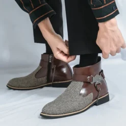 Online OUKU Men's Corduroy and Faux Leather Ankle Boots – Stylish Brown and Blue Design with Metal Eagle Detail, Western Cowboy-Inspired Fashion for Casual and Formal Occasions
