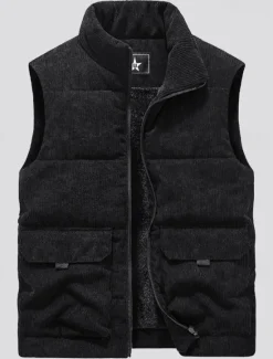 Best OUKU Men's Corduroy Fleece Vest Outdoor Vest Gilet Punk Active Fall Winter Polyester Solid Color Turtleneck Black Light Brown Army Green Vest