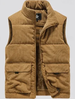 Best OUKU Men's Corduroy Fleece Vest Outdoor Vest Gilet Punk Active Fall Winter Polyester Solid Color Turtleneck Black Light Brown Army Green Vest