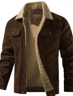Online OUKU Men's Corduroy Jacket Fleece Jacket Sherpa Jacket Vacation Daily Thermal Warm Fleece Fall & Winter Plain Fashion Streetwear Lapel Regular Black Khaki Coffee Gray Jacket