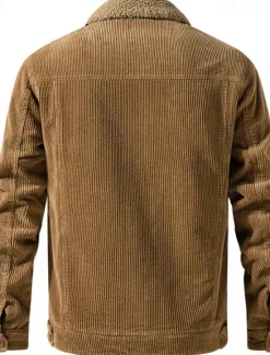 Online OUKU Men's Corduroy Jacket Fleece Jacket Sherpa Jacket Vacation Daily Thermal Warm Fleece Fall & Winter Plain Fashion Streetwear Lapel Regular Black Khaki Coffee Gray Jacket