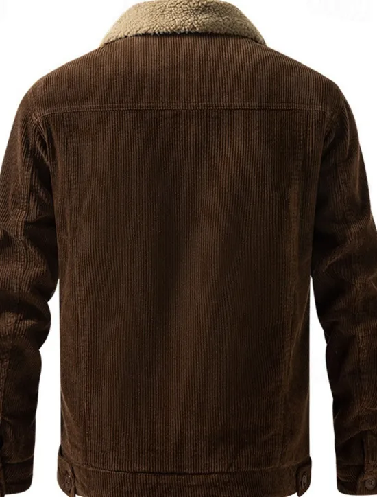 Online OUKU Men's Corduroy Jacket Fleece Jacket Sherpa Jacket Vacation Daily Thermal Warm Fleece Fall & Winter Plain Fashion Streetwear Lapel Regular Black Khaki Coffee Gray Jacket
