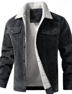 Online OUKU Men's Corduroy Jacket Fleece Jacket Sherpa Jacket Vacation Daily Thermal Warm Fleece Fall & Winter Plain Fashion Streetwear Lapel Regular Black Khaki Coffee Gray Jacket