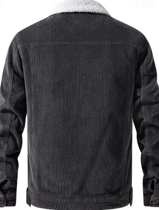 Online OUKU Men's Corduroy Jacket Fleece Jacket Sherpa Jacket Vacation Daily Thermal Warm Fleece Fall & Winter Plain Fashion Streetwear Lapel Regular Black Khaki Coffee Gray Jacket
