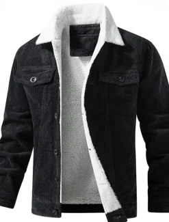Online OUKU Men's Corduroy Jacket Fleece Jacket Sherpa Jacket Vacation Daily Thermal Warm Fleece Fall & Winter Plain Fashion Streetwear Lapel Regular Black Khaki Coffee Gray Jacket