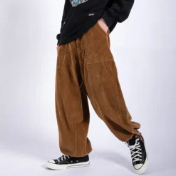 OUKU Men's Corduroy Pants Trousers Baggy Pants Casual Pants Pocket Wide Leg Baggy Solid Color Comfort Warm Full Length Casual Daily Fashion Streetwear Loose Fit Black Brown