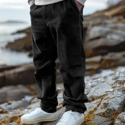 Online OUKU Men's Corduroy Pants Trousers Casual Pants Drawstring Elastic Waist Straight Leg Plain Comfort Warm Full Length Outdoor Casual Daily Sports Fashion Black Coffee