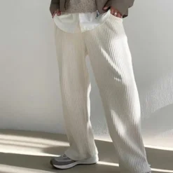 Discount OUKU Men's Corduroy Pants Trousers Casual Pants Pleated Wide Leg Drawstring Solid Color Soft Outdoor Sports Outdoor Daily Stylish Trousers Loose Fit Micro-elastic White