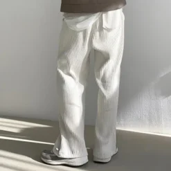 Discount OUKU Men's Corduroy Pants Trousers Casual Pants Pleated Wide Leg Drawstring Solid Color Soft Outdoor Sports Outdoor Daily Stylish Trousers Loose Fit Micro-elastic White