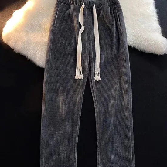 New OUKU Men's Corduroy Pants Winter Pants Trousers Drawstring Elastic Waist Straight Leg Solid Color Comfort Warm Casual Daily Streetwear Sports Fashion Black Apricot Micro-elastic