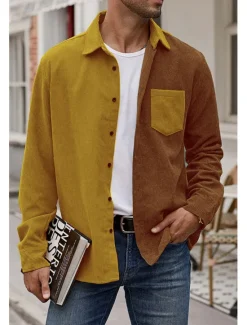 New OUKU Men's Corduroy Shirt Button Up Shirt Overshirt Color Block Outdoor Daily Blue Brown Green Long Sleeve Lapel Spring & Fall Clothing Apparel Pocket