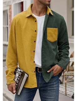 New OUKU Men's Corduroy Shirt Button Up Shirt Overshirt Color Block Outdoor Daily Blue Brown Green Long Sleeve Lapel Spring & Fall Clothing Apparel Pocket