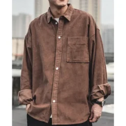 Sale OUKU Men's Corduroy Shirt Shirt Jacket Overshirt Plain Outdoor Daily Black Coffee Gray Long Sleeve Lapel Spring & Fall Clothing Apparel Pocket