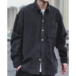 Sale OUKU Men's Corduroy Shirt Shirt Jacket Overshirt Plain Outdoor Daily Black Coffee Gray Long Sleeve Lapel Spring & Fall Clothing Apparel Pocket