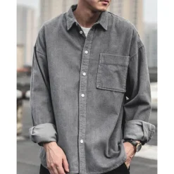Sale OUKU Men's Corduroy Shirt Shirt Jacket Overshirt Plain Outdoor Daily Black Coffee Gray Long Sleeve Lapel Spring & Fall Clothing Apparel Pocket