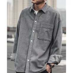 Sale OUKU Men's Corduroy Shirt Shirt Jacket Overshirt Plain Outdoor Daily Black Coffee Gray Long Sleeve Lapel Spring & Fall Clothing Apparel Pocket
