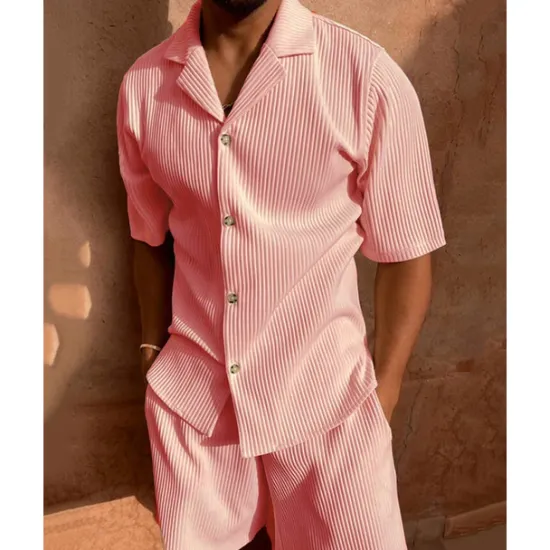 OUKU Men's Corduroy Shirt T-shirt Suits 2 Pieces Outfits Tee & Shorts Short Sleeve Lapel Summer Plain Fashion Casual 2 Piece Vacation Daily Wear Going out Black Pink Blue Top Tee for Men