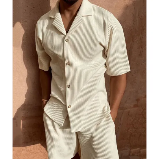OUKU Men's Corduroy Shirt T-shirt Suits 2 Pieces Outfits Tee & Shorts Short Sleeve Lapel Summer Plain Fashion Casual 2 Piece Vacation Daily Wear Going out Black Pink Blue Top Tee for Men