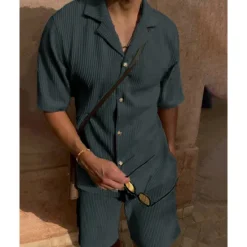 OUKU Men's Corduroy Shirt T-shirt Suits 2 Pieces Outfits Tee & Shorts Short Sleeve Lapel Summer Plain Fashion Casual 2 Piece Vacation Daily Wear Going out Black Pink Blue Top Tee for Men